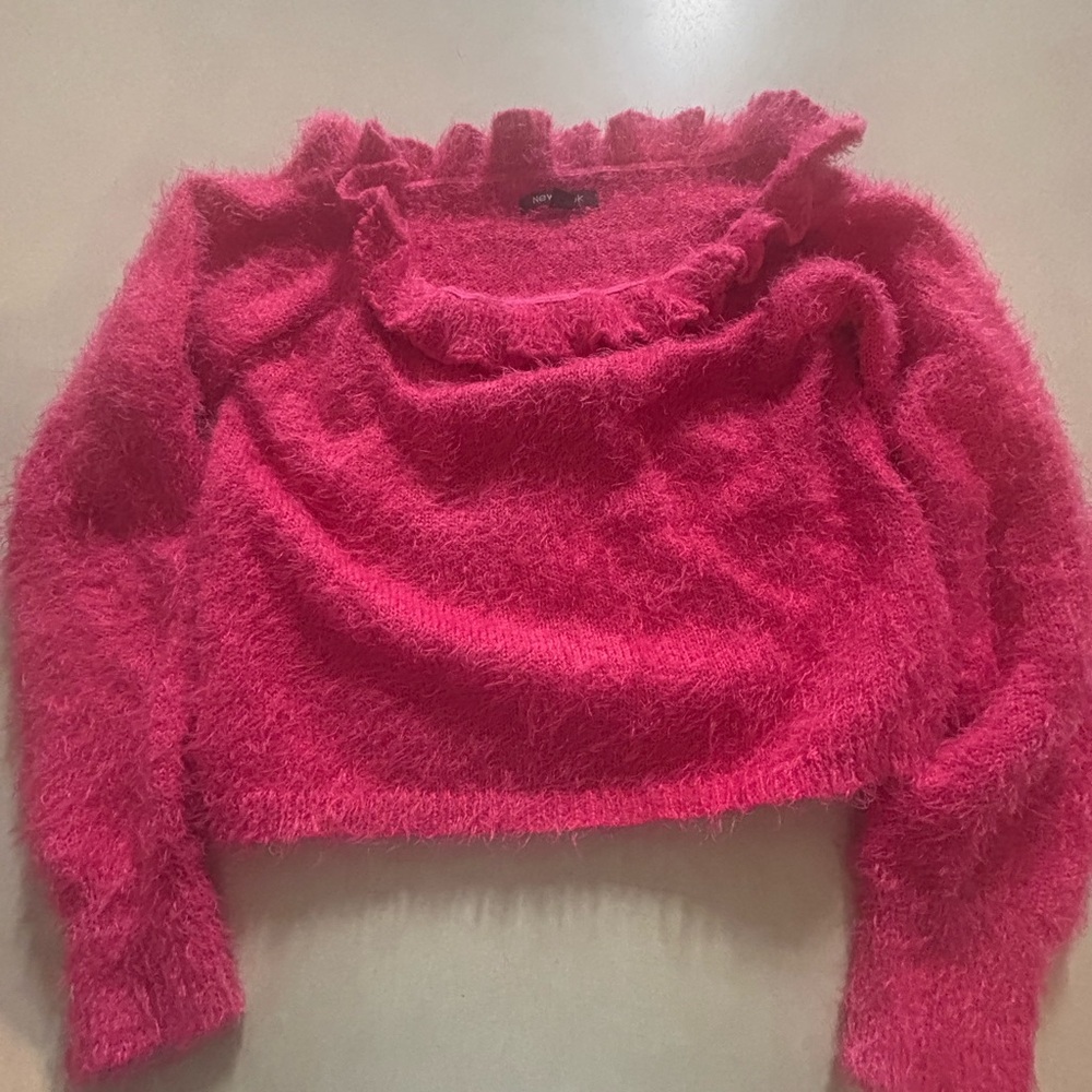New Look Off-the-Shoulder Fuzzy Pink Sweater